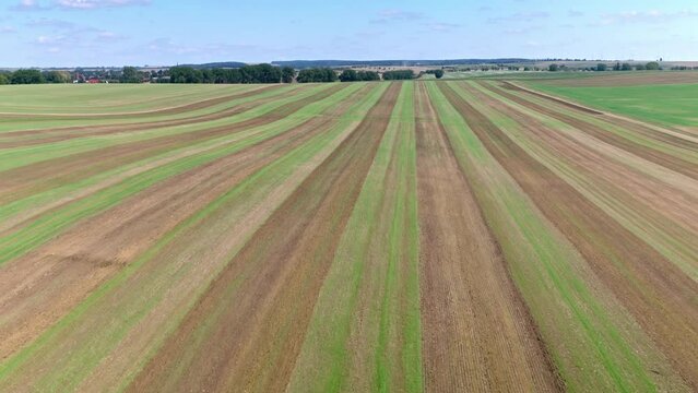 Machines till the fields for the coming harvest year. Wide angle drone shot.