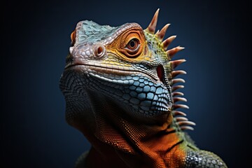 Fototapeta premium Portrait of a lizard on a black background. Studio shot.