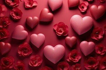 Fototapeta na wymiar Valentine's day background with red hearts and rose petals