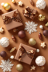 Flat lay composition with Christmas gift boxes, baubles, snowflakes, decorations on brown background