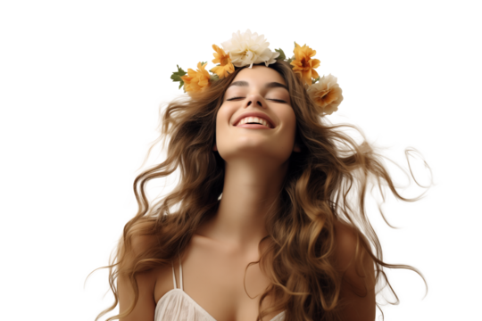 Natural Woman Smiling with Floral Headband - Powered by Adobe