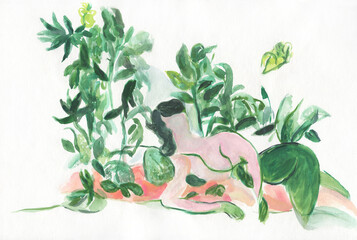 abstract woman with plants. watercolor painting. illustration - 685579822