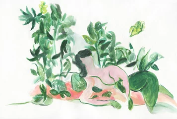 Poster abstract woman with plants. watercolor painting. illustration © Anna Ismagilova