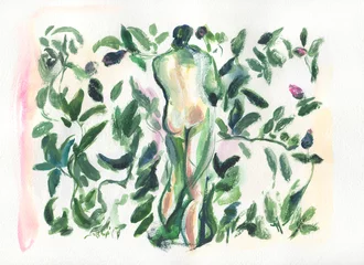 Tuinposter abstract woman with plants. watercolor painting. illustration © Anna Ismagilova