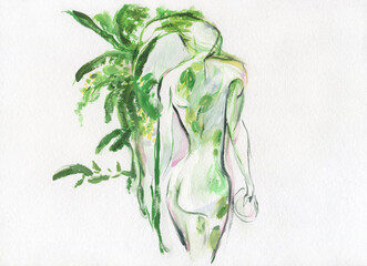 abstract woman with plants. watercolor painting. illustration - 685579837