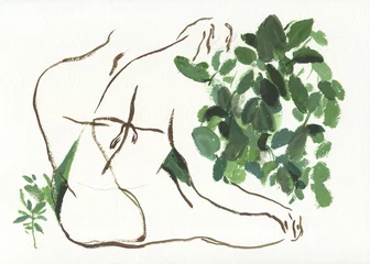 Gordijnen abstract woman with plants. watercolor painting. illustration © Anna Ismagilova