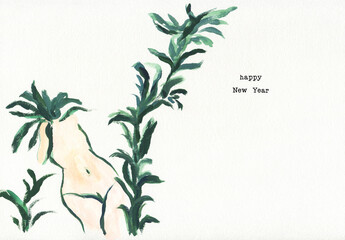 New Year's holidays. relax. woman with plants. watercolor painting. illustration - 685579858