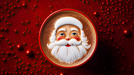 Illustration of latte art cup with milk foam Santa Claus. Christmas coffee cup. Cozy atmosphere. Holiday background with copy space. Christmas and New Year cappuccino coffee.