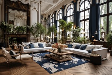 Big living room white decor and black furniture, brown and dark blue