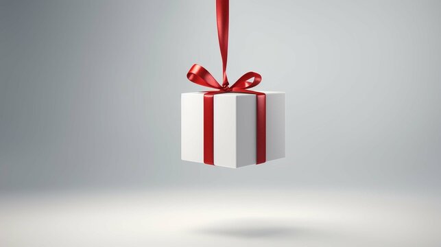 Hanging minimal gift box rounded square sign paper card with red ribbon rope bow isolated on grey background with shadow minimal conceptual. create using a generative ai tool 
