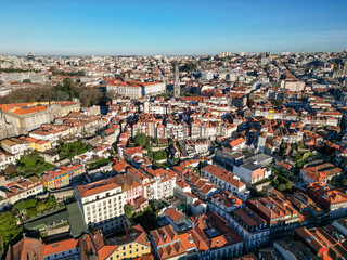 Fototapeta na wymiar Portugal, Porto, Clerigos Tower view from drone on the city