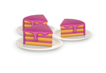 3d piece of cake on plate in cartoon style on white background. Vector illustration