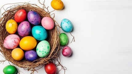 Fototapeta na wymiar Colorful Easter eggs in the basket on the white background top view. Stylish spring template with space for text. Greeting card or banner