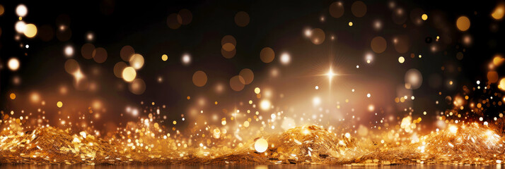 Fototapeta na wymiar Abstract gold shiny Christmas banner background with glitter and confetti. Holiday bright blurred backdrop with golden particles and bokeh.