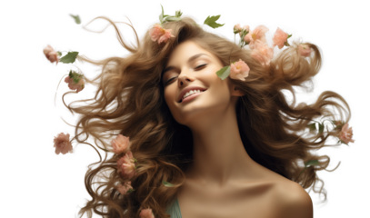 Natural Woman with Flowers in Hair on Transparent