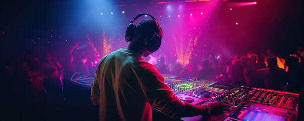 Dj mixing at party with crowd of people in background - obrazy, fototapety, plakaty
