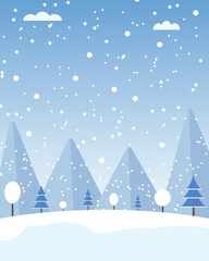winter landscape with trees and snow. Winter mountain snowfall scene. Cartoon simple winter landscape. Vector illustration.