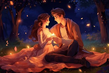 Romantic Couple lovers in park, under trees. Romantic date night under the stars. Valentines Day