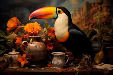 Illustration of a still life Still life and a toucan, small brush strokes. oil style. oil painting