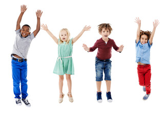 Happy, jumping and portrait of young children for diversity, friends and playing for fun. Smile, youth and group of cute kids with playful energy together isolated by transparent png background.