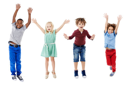 Happy, jumping and portrait of young children for diversity, friends and playing for fun. Smile, youth and group of cute kids with playful energy together isolated by transparent png background. - Powered by Adobe