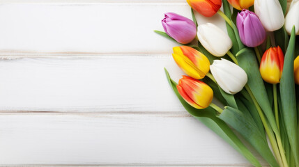 Spring tulips on the white wooden background top view. Stylish spring template with space for text. Greeting card or banner