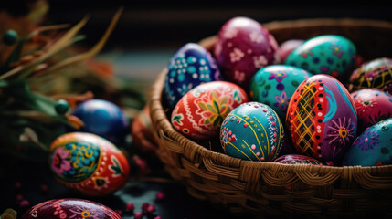 Fototapeta na wymiar Beautiful hand painted colorful Easter eggs in a basket close up