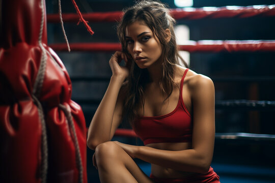 Reflective Warrior: Female Boxer Contemplating by the Ring Ropes