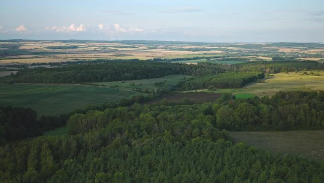 Birds Eye view over the wider German landscape with its fields and forests.