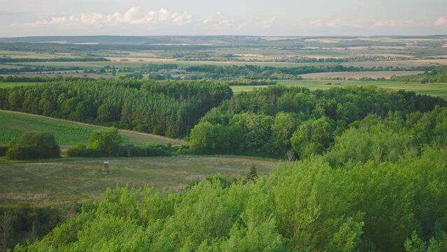 Birds Eye view over the wider German landscape with its fields and forests.