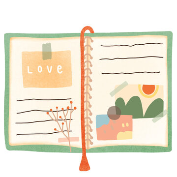 Open Notebook. Diary with stickers, notes, dried flower, washi tape. Hand drawn vector illustration. art painting cute illustration
