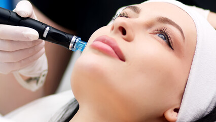 Professional dermatologist in medical gloves doing hydro peeling procedure for beautiful woman...