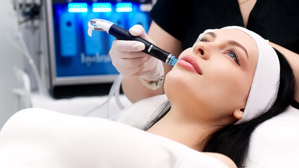 Cosmetology clinic. Professional female cosmetologist doing hydrafacial procedure while being a work. Attractive nice woman lying on the medical bed while having beauty procedures