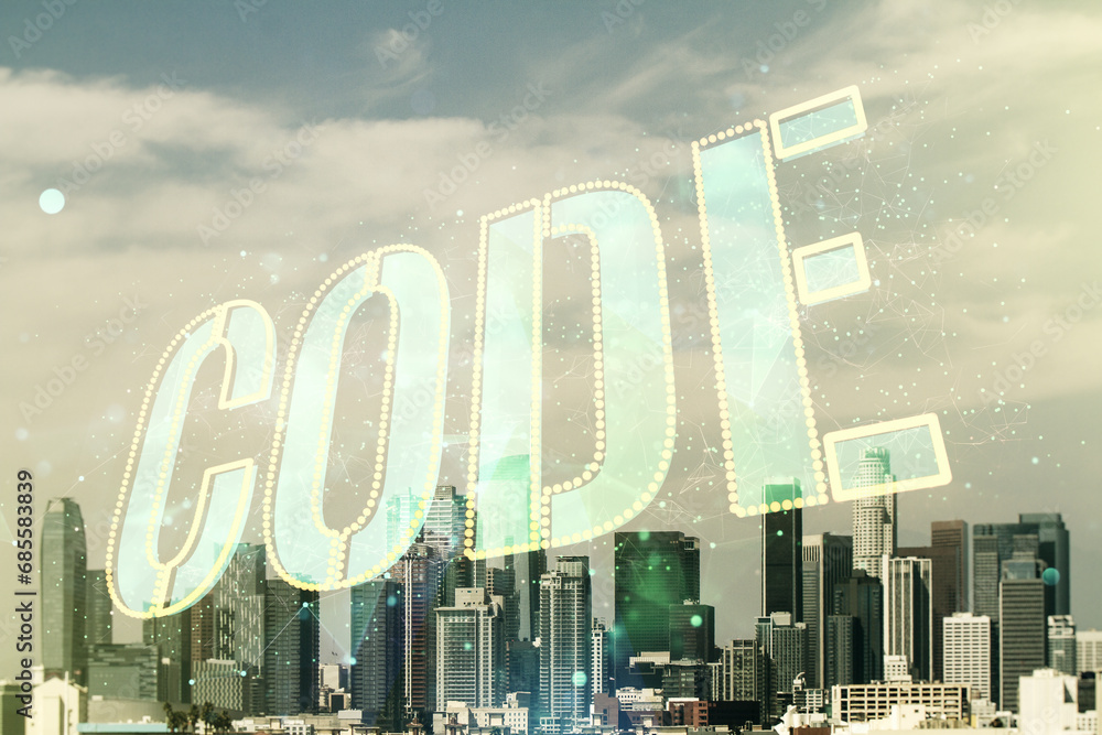 Aufkleber code word hologram on los angeles skyscrapers background, artificial intelligence and neural network