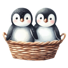 Two penguins sitting in a basket  
