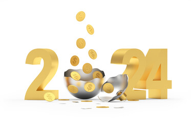 Number 2024 with falling gold coins in a broken Christmas ball. 3D illustration