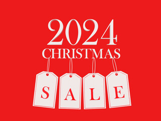Number 2024 with text Christmas Sale on price tags on red banner. 3d illustration
