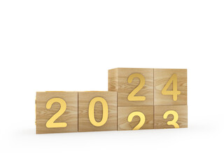2024 New Year's number changes on wooden cubes. 3d illustration