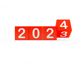 2024 New Year's number changes on red dice. 3D illustration