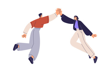 Happy people giving high five, jumping, celebrating success, achievement. Smiling man and woman partners greeting, hand clap gesture. Flat graphic vector illustration isolated on white background