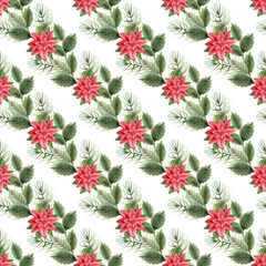 Tuinposter Christmas seamless pattern with red poinsettia and green leaves . © Lora