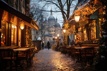 Winter cityscape snow covered streets of Paris lined with historical buildings adorned with festive lights and decorations