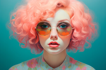 Fototapeta premium illustration of a close-up of a girl with glasses. shades of pastel colors. cyan, pink, blue, light blue.