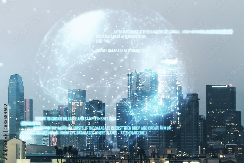 Aufkleber double exposure of abstract programming language hologram and world map on los angeles city skyscrap