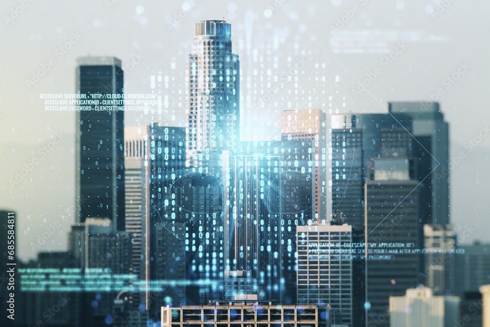 Poster abstract virtual code skull illustration on los angeles skyline background. hacking and phishing con