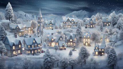 Fototapeta na wymiar a whimsical scene of a snow-covered village adorned with twinkling lights and festive decorations, capturing the enchanting holiday atmosphere from an aerial perspective - Generative AI