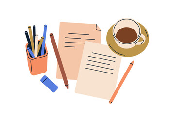 Coffee cup, paper sheets with records, notes, top view. Writing letter, pens, pencils and tea. Americano and documents, creative workplace. Flat vector illustration isolated on white background.