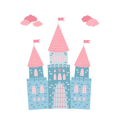 Naklejka premium Fairy castle towers palace with gate. Cute princess castle. Cartoon vector isolated.