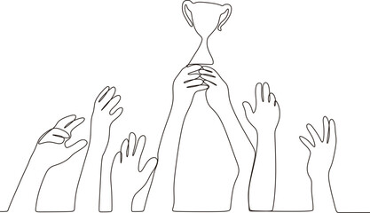Vector continuous line drawing. hand holding trophy vector illustration