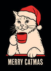Merry catmas Christmas card. Cat holding coffee cup illustration. Kitten wearing Santa hat. Cute holiday aesthetic drawing for cat mom and coffee lovers. Minimalist flat design vector print products.